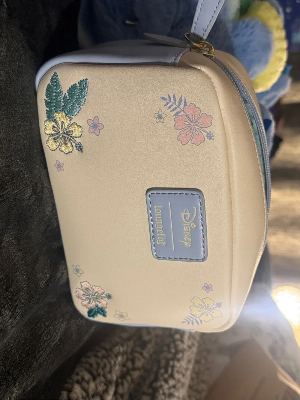 Loungefly Cream Cosmetic Pouch with Blue Stitch and Pastel Florals
